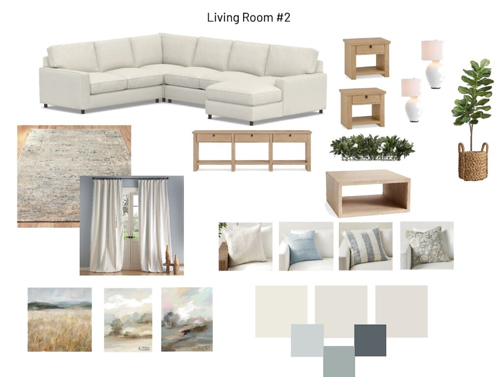 Sarasota Living room design board with furniture and decor items.